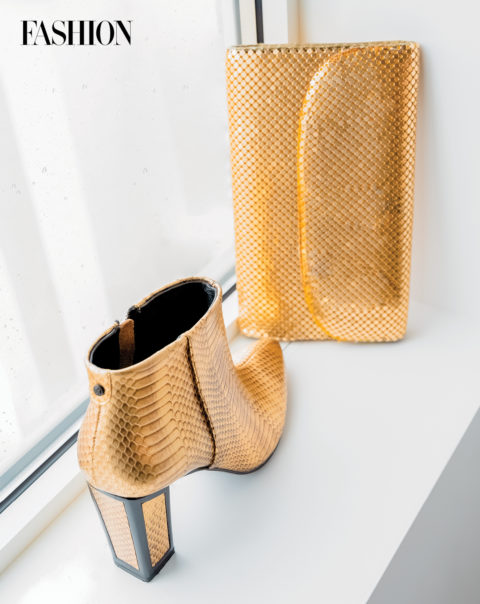 VOILA_MostStylistThrifter_02_0424 Thrifted metallic gold clutch with gold snakeskin boot