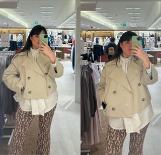 Two images of cropped trench coats