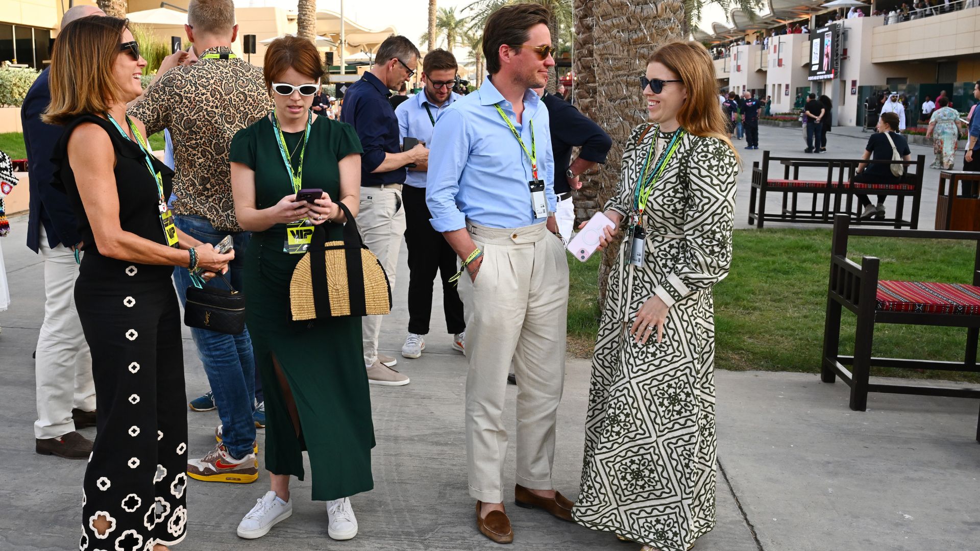 Princess Beatrice and Princess Eugenie in the Paddock prior to the F1 Grand Prix of Bahrain at Bahrain International Circuit on April 13, 2025