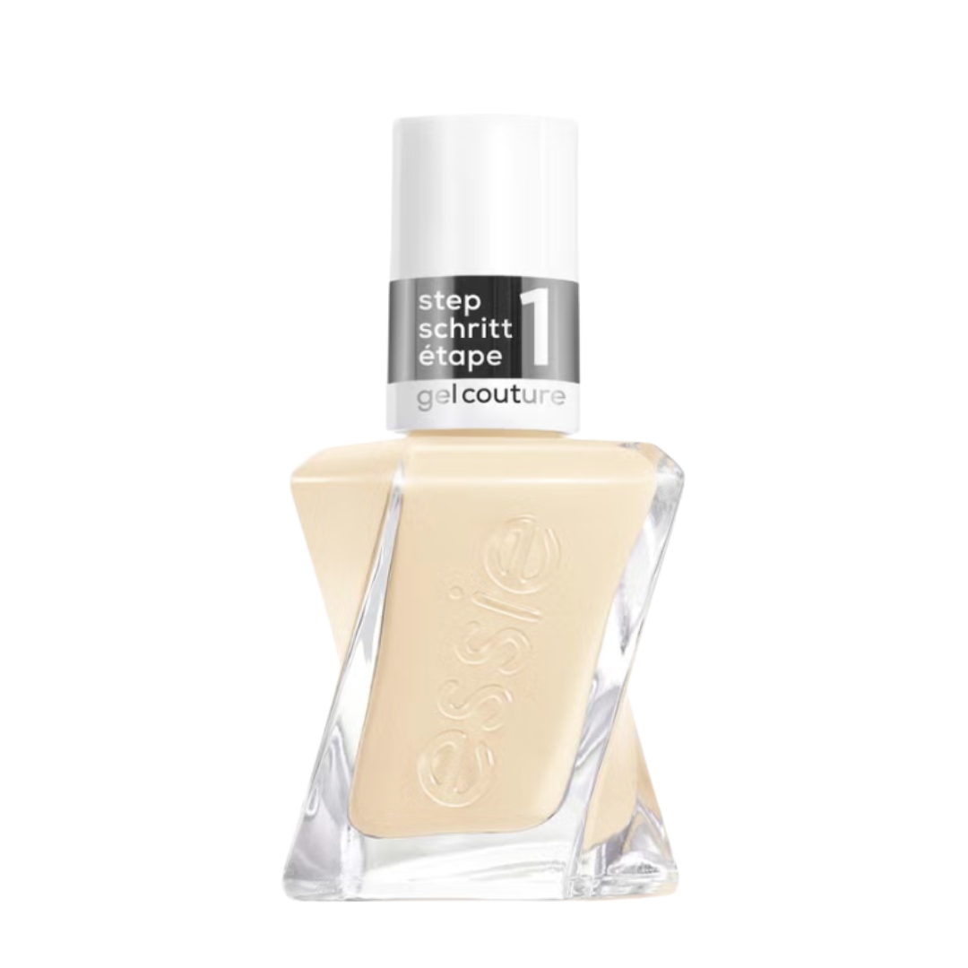 A product shot of essie Gel Couture Gel-Like Nail Polish in shade Atelier At The Bay (a pastel yellow), on a white background
