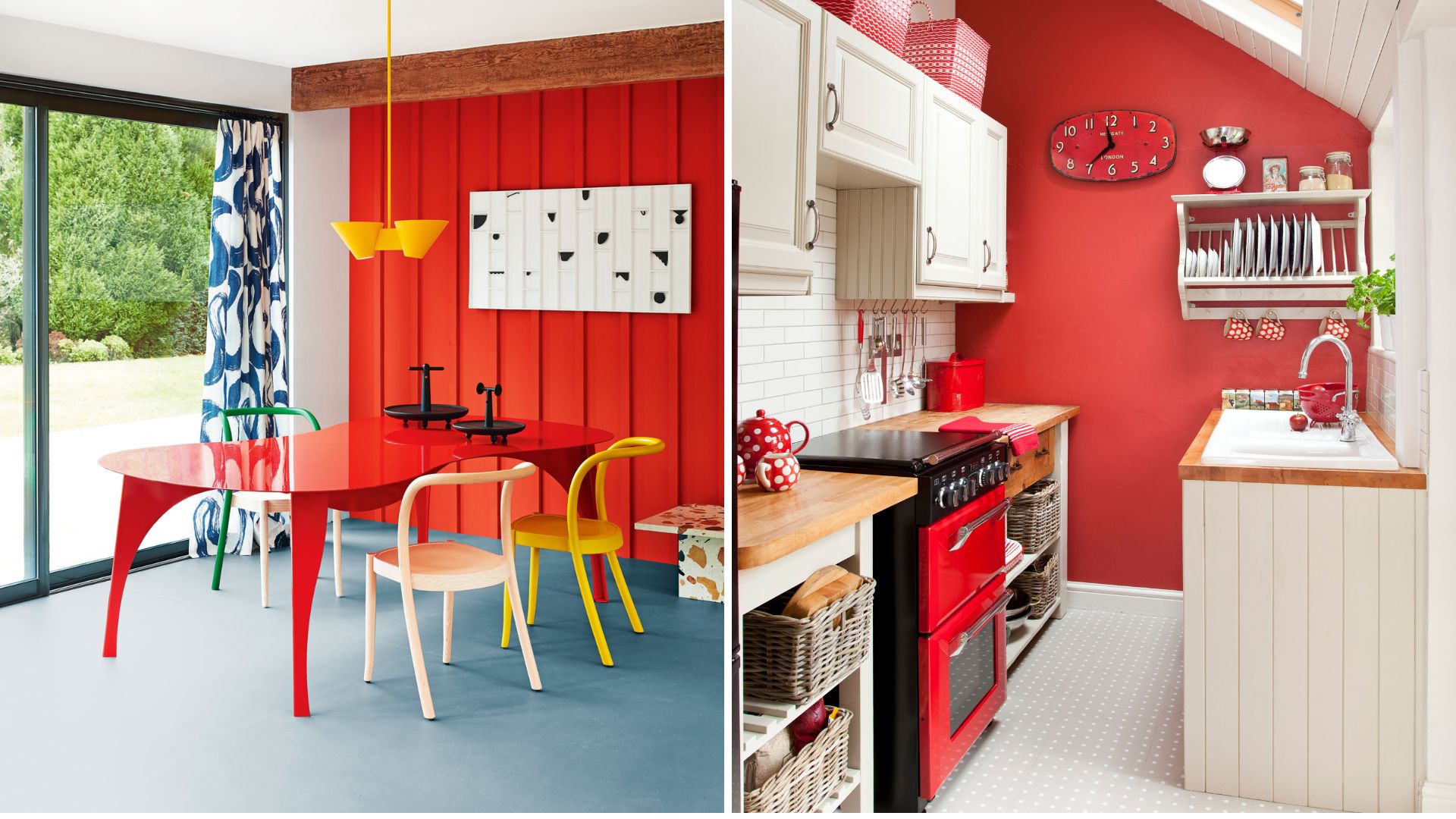 two kitchen diners showing a red painted feature wall to support the unexpected red theory