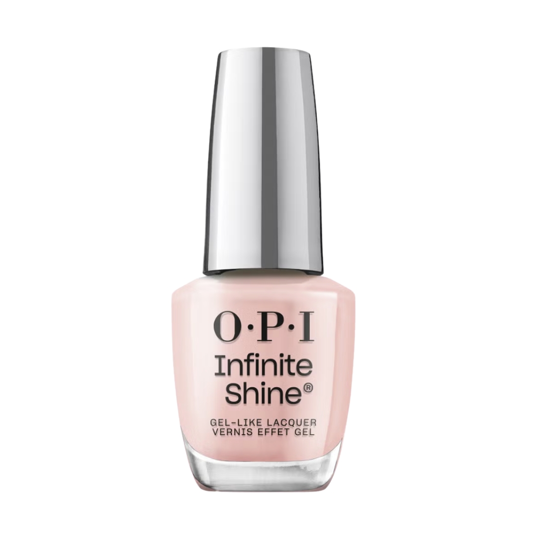 A product shot of OPI Infinite Shine Long-Wear Gel-Like Sheer Pink Nail Polish in the shade Bubble Bath (a sheer, nude-pink), on a white background