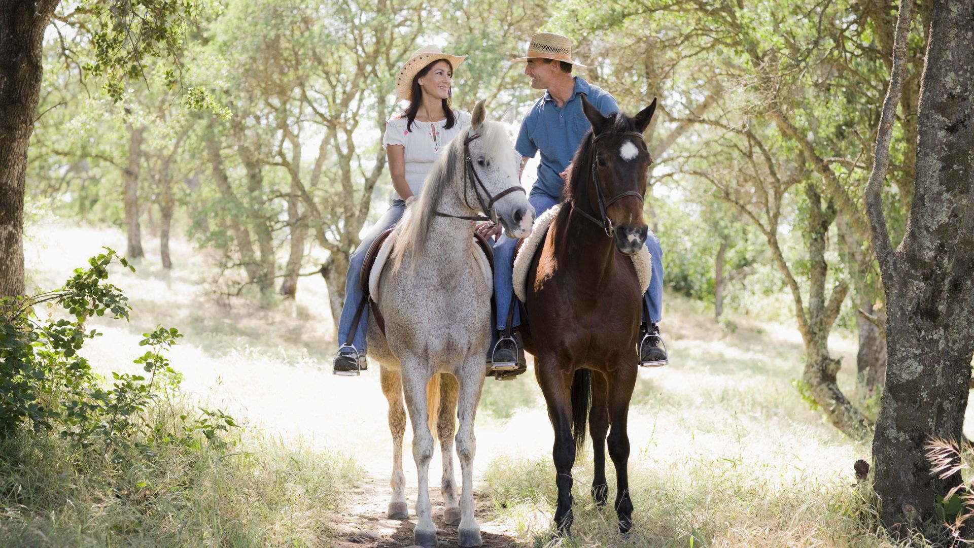 A couple horse riding
