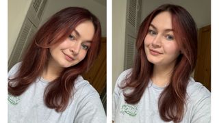 Two adjacent images of Lucy showing the BaByliss Air Power Volume results