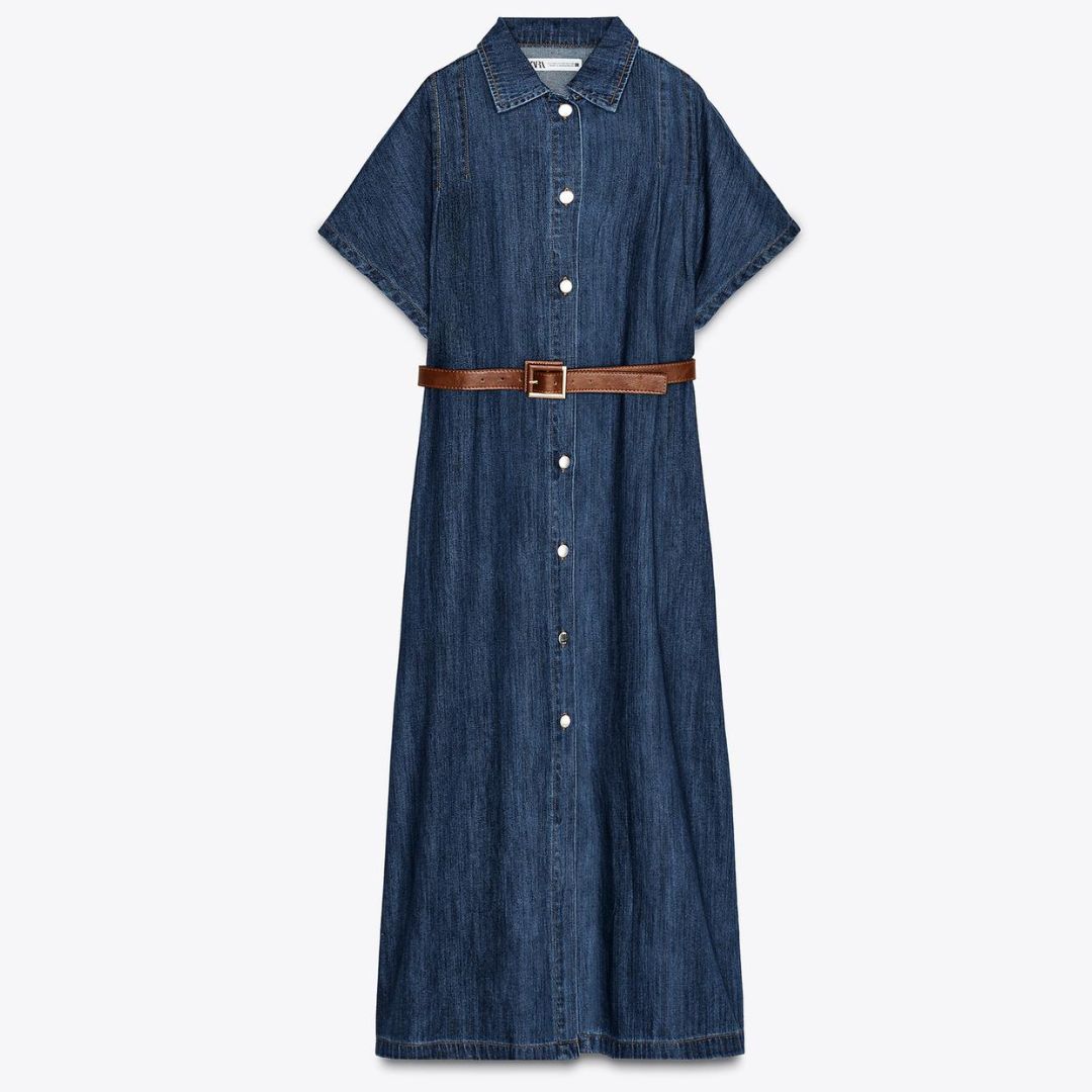Zara Denim Belted Midi Dress