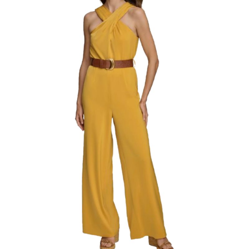a model wearing a yellow belted jumpsuit 