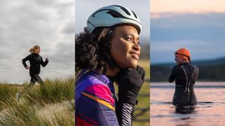 Woman running through long grass, woman wearing cycling helmet, and woman putting swim cap on in a lake at sunset
