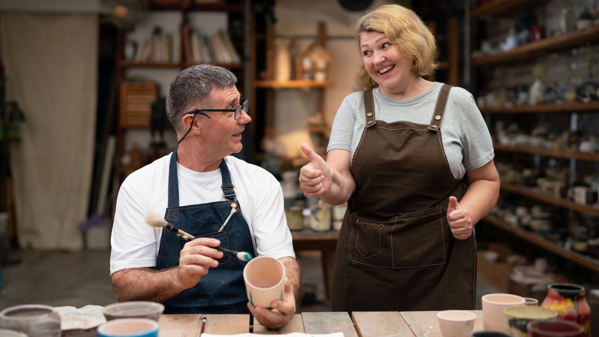 A couple making pottery