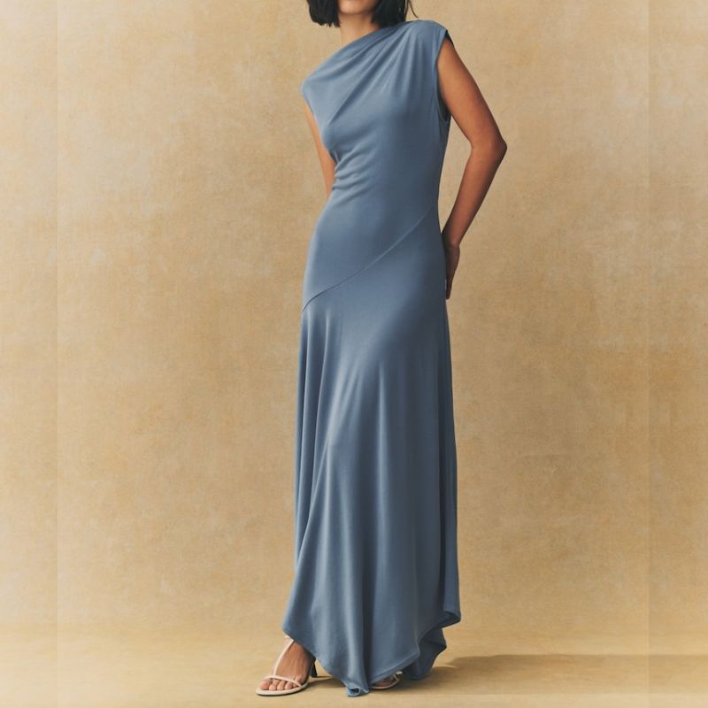 draped bias cut blue dress