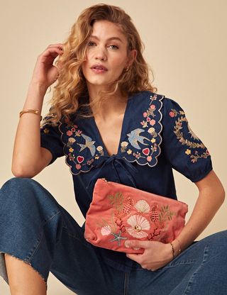 Dark Denim Floral Embroidered Blouse