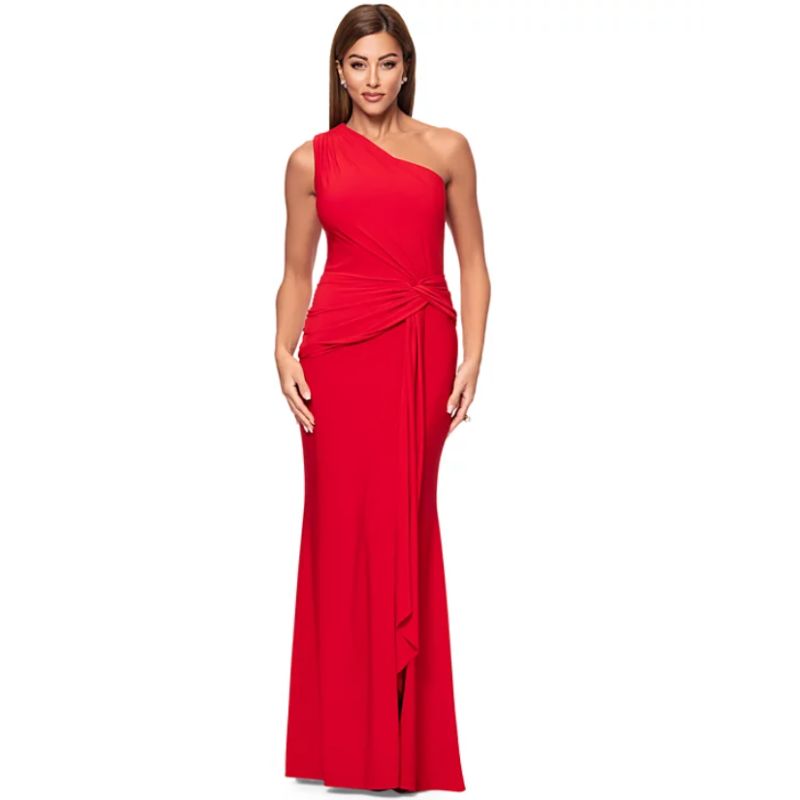 red draped one shoulder gown