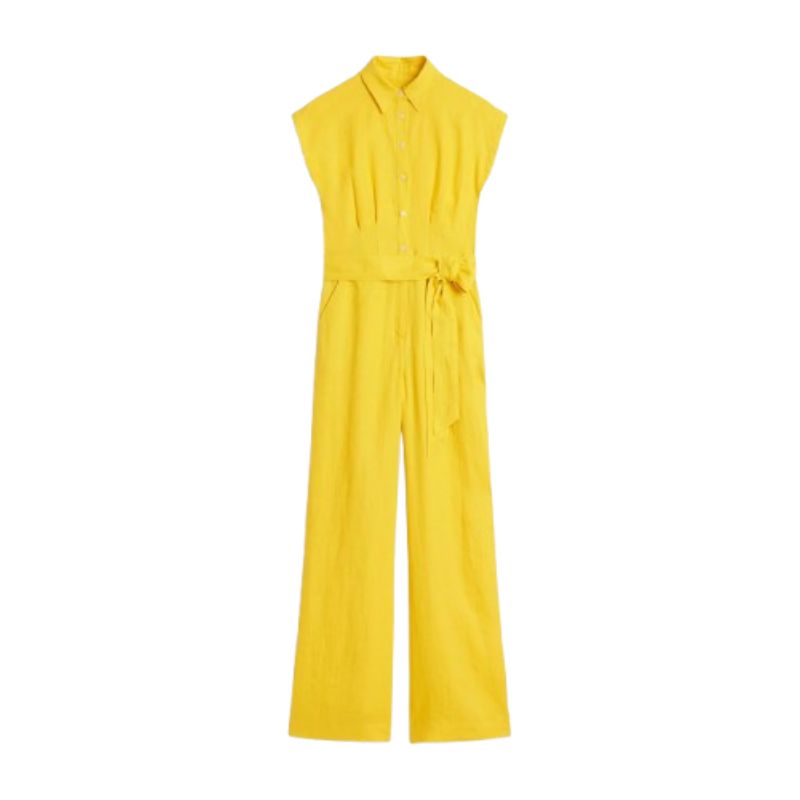 a bright yellow jumpsuit with a belted waist