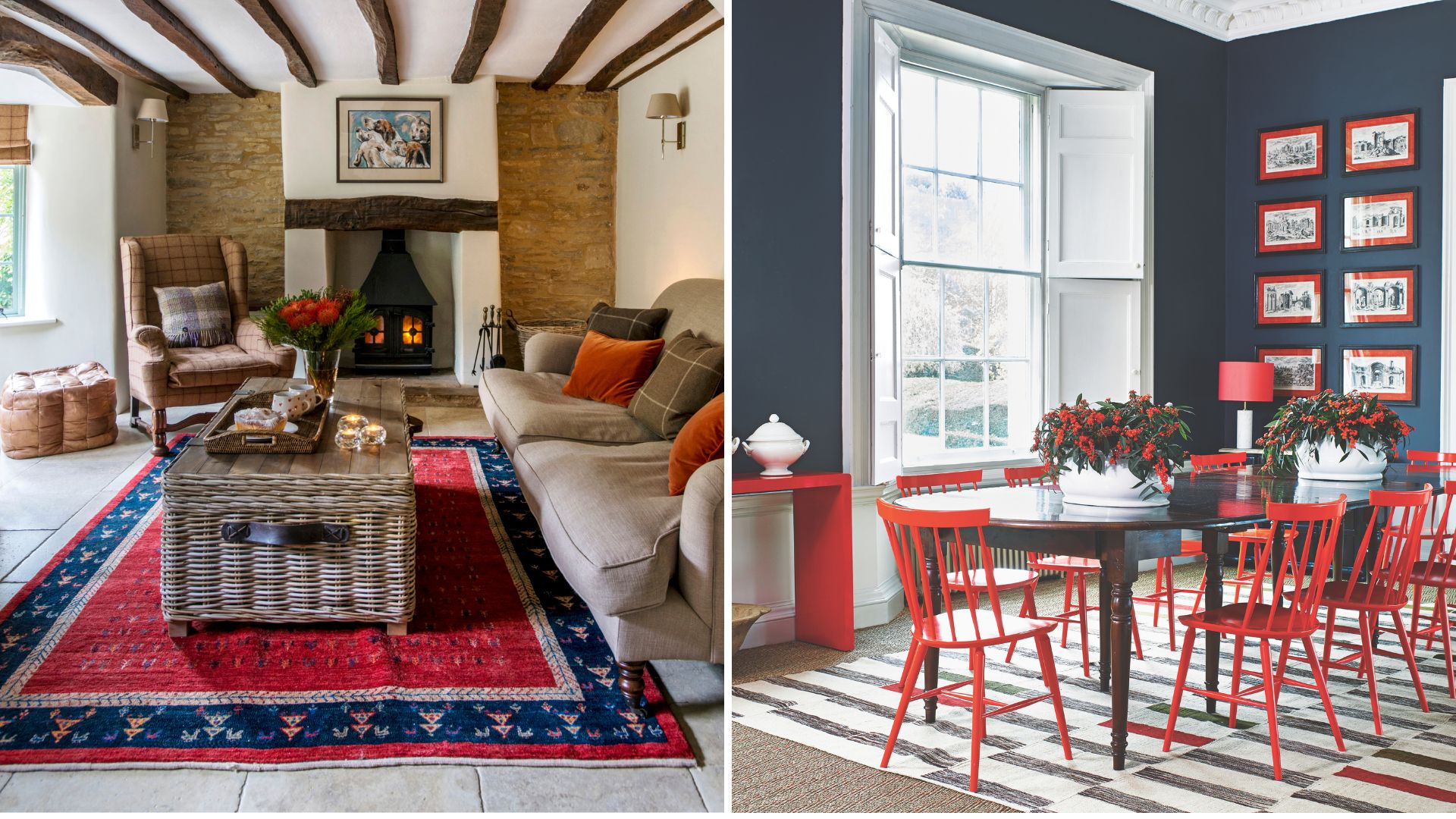 country living room with a red rug and a contemporary blue dining room with red dining chairs