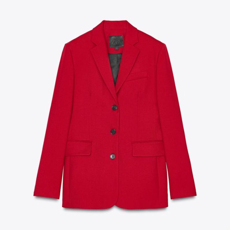 red blazer with black buttons