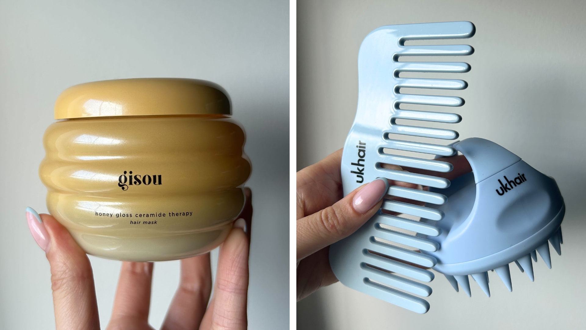 Collage of hand holding the Gisou Honey Gloss Ceramide Hair Mask and hand holding the UKHair Comb and Scalp Massager on the right