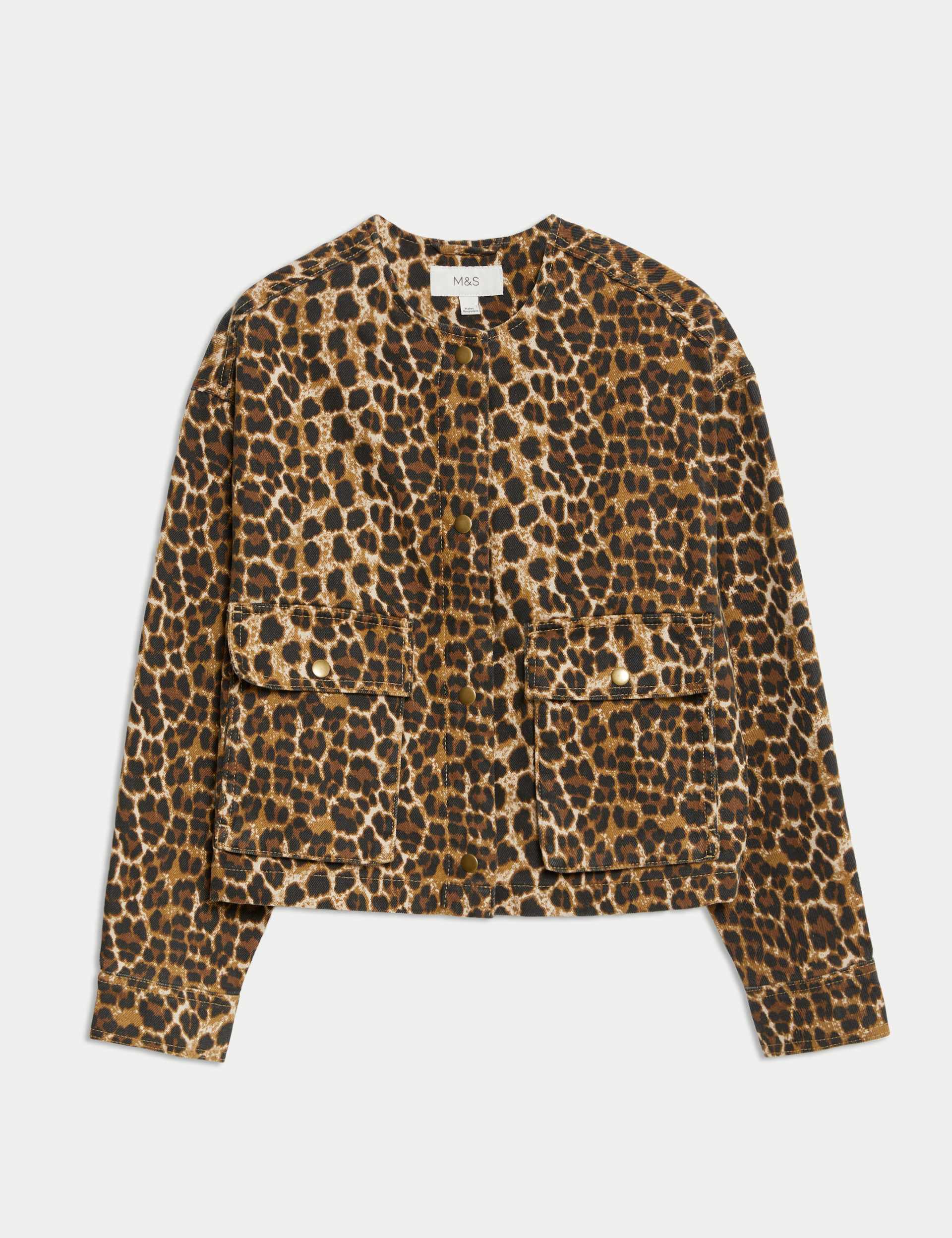 Denim Leopard Print Collarless Jacket