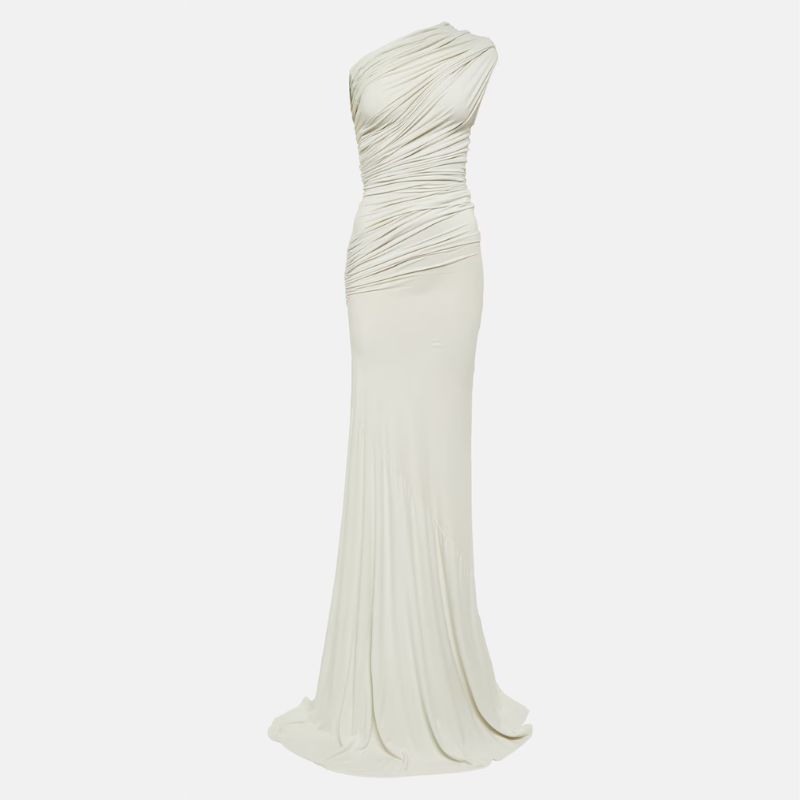 off white draped one shoulder maxi dress