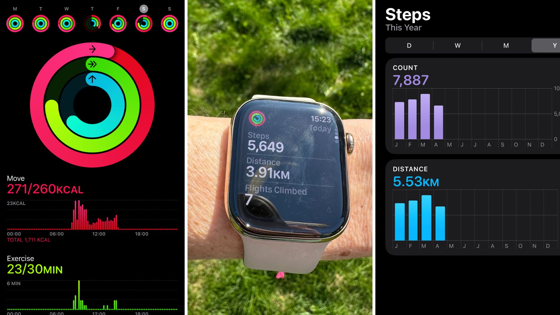 Apple Health screenshots and Apple Watch Series 10 on woman's wrist