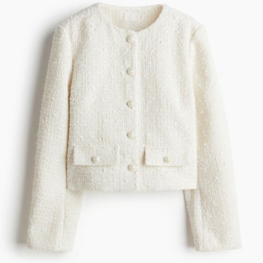 H&M White Collarless Boucle Jacket