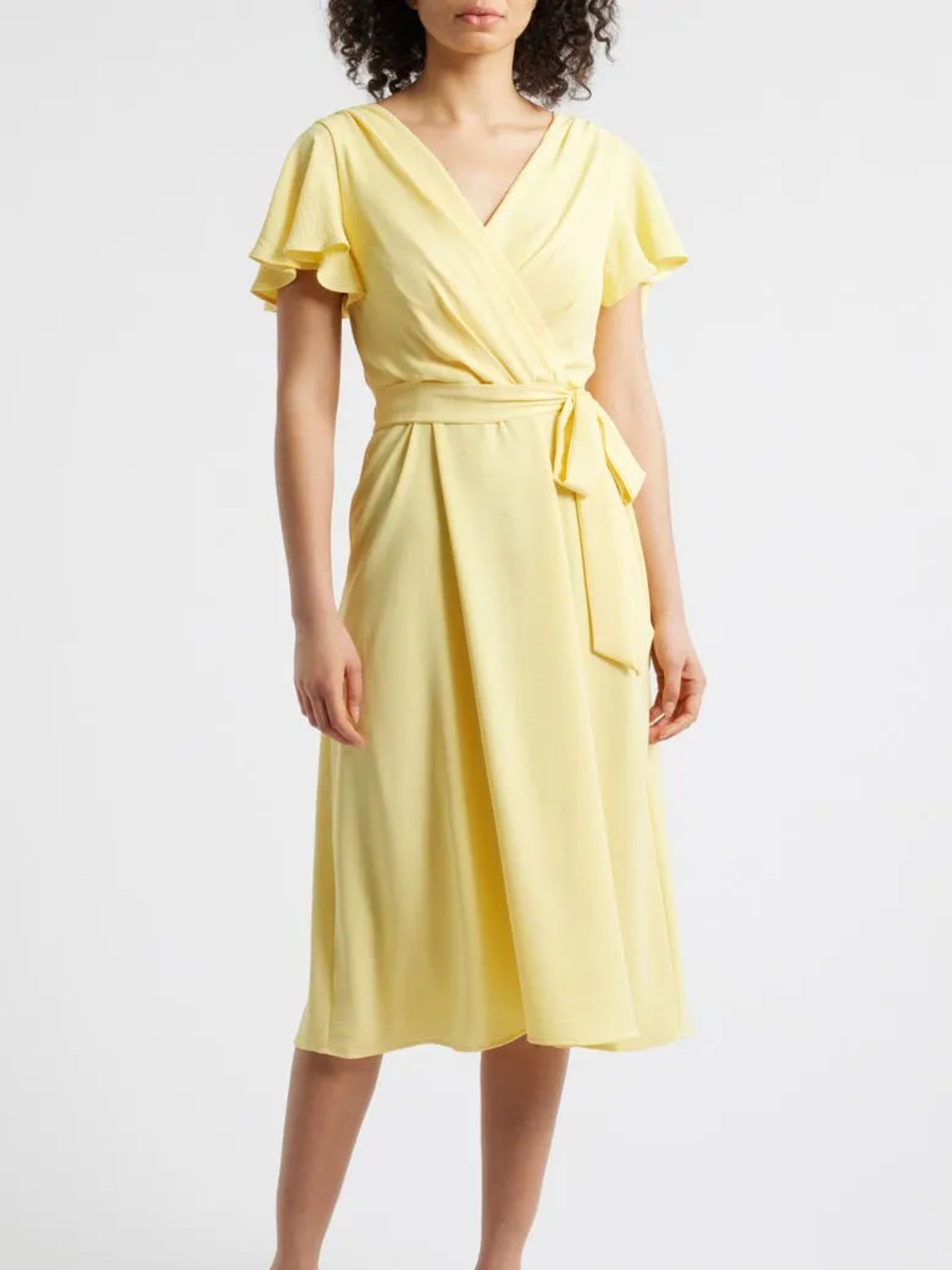 Connected Apparel Flutter Sleeve Tie Waist Crepe Midi Dress on model 