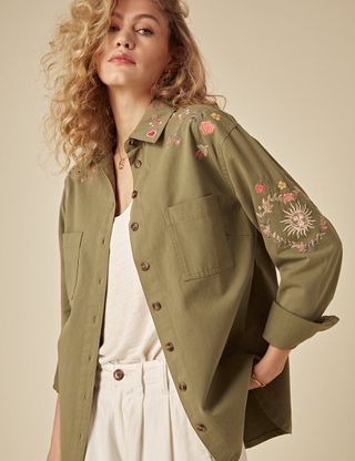 Green Denim Embroidered Shacket
