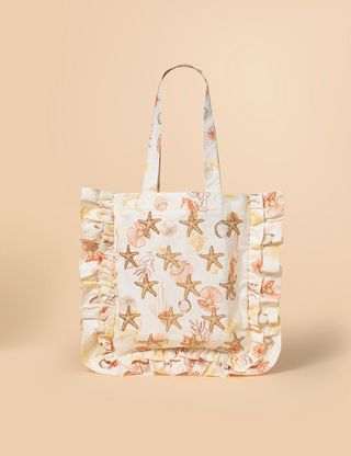 White Starfish Embroidered Frill Tote Bag