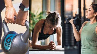 Woman's hands holding a kettlebell, woman doing a plank, and woman holding a dumbbell in one hand