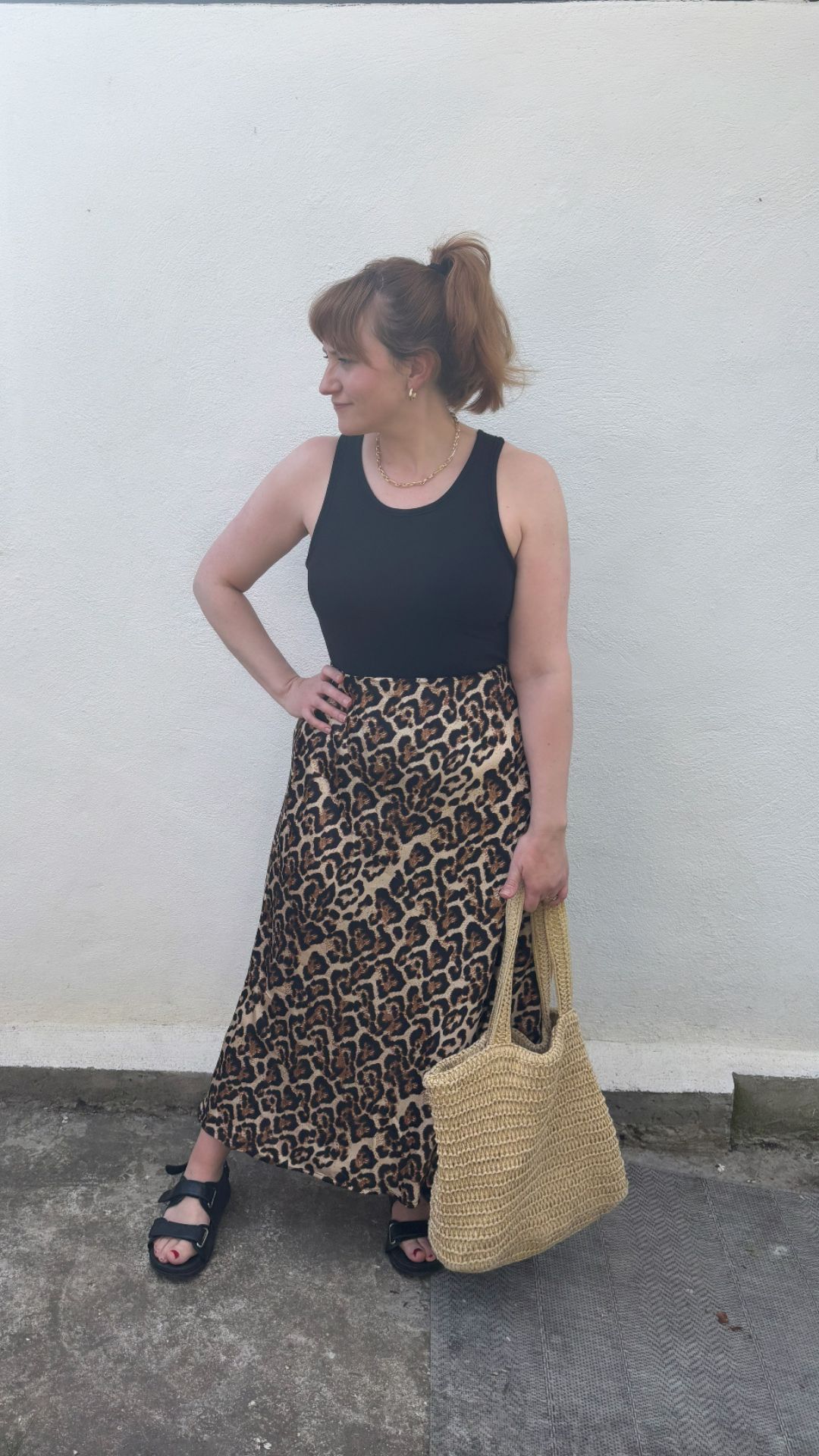 matilda wearing the M&S secret support vest with a leopard print skirt