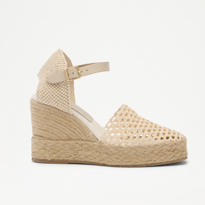 a side shot of a wedged espadrille from russell & bromley