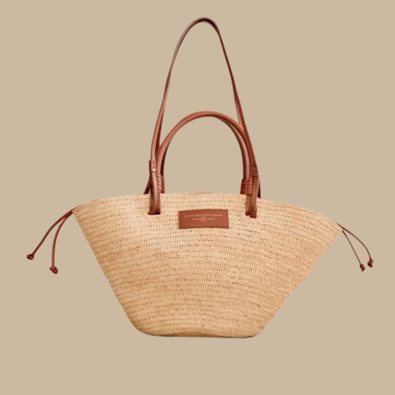 flat lay of raffia tote 