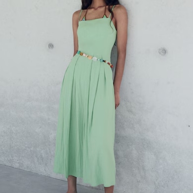 Mango Mint Green Pleated Midi Dress
