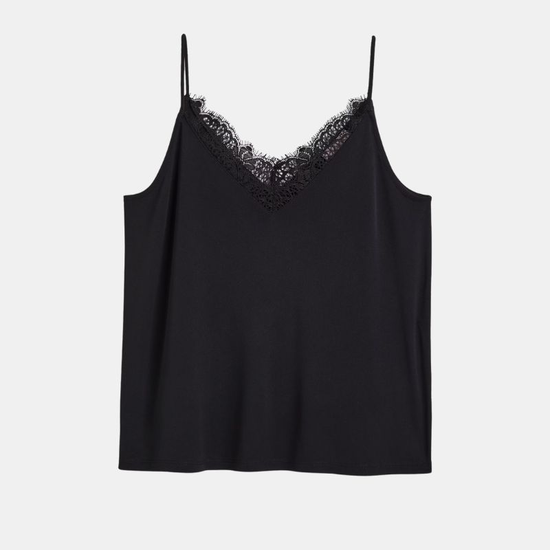 A cutout of a black H&M lace and silk camisole
