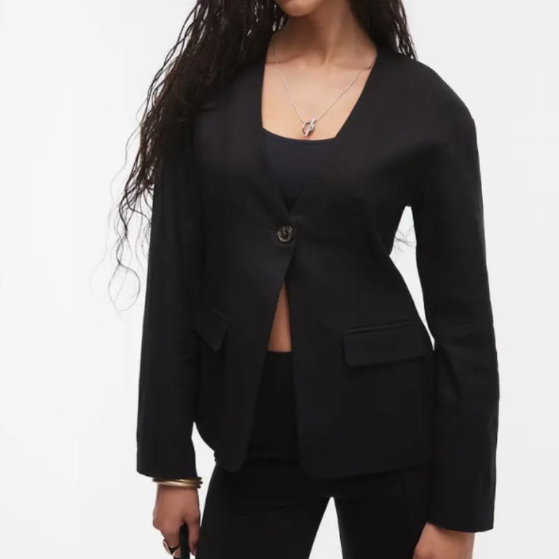 black collarless blazer with high-sitting button