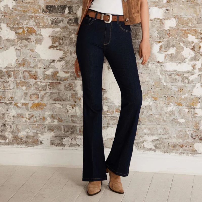 Dark Indigo Flare Jeans on model 