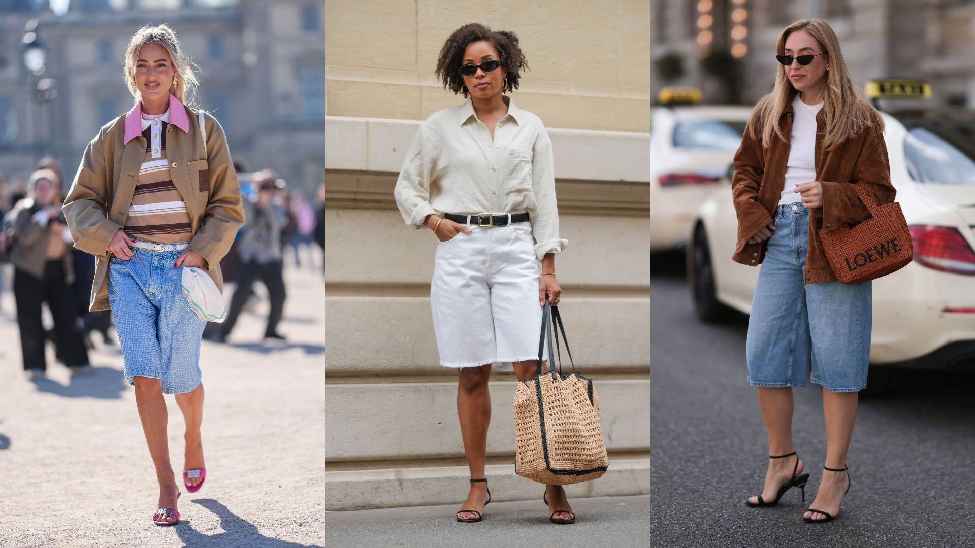 Three women wearing different styles of denim shorts