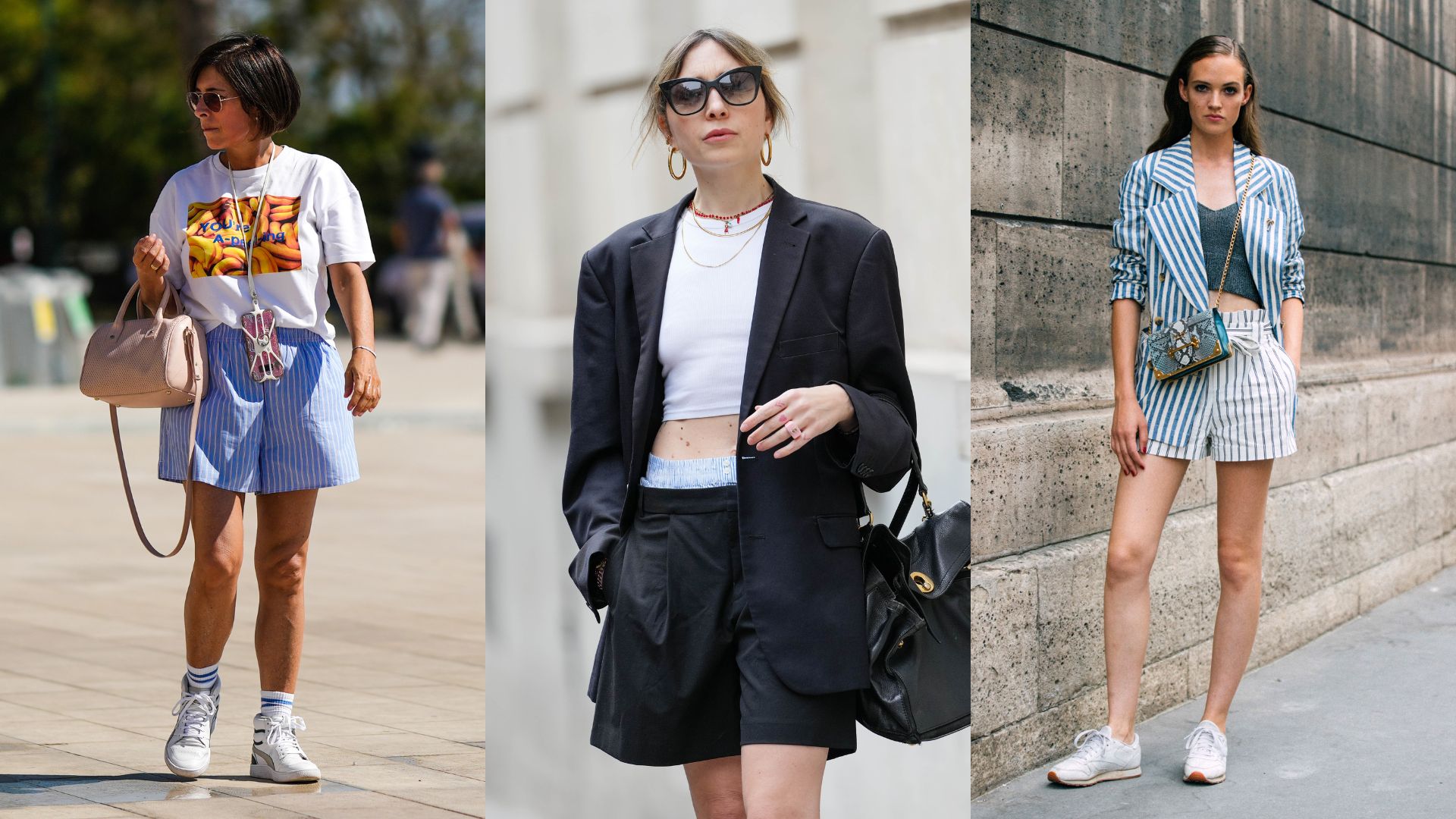 Three women wearing different types of linen shorts
