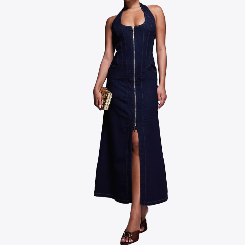 Bardot denim halterneck dress