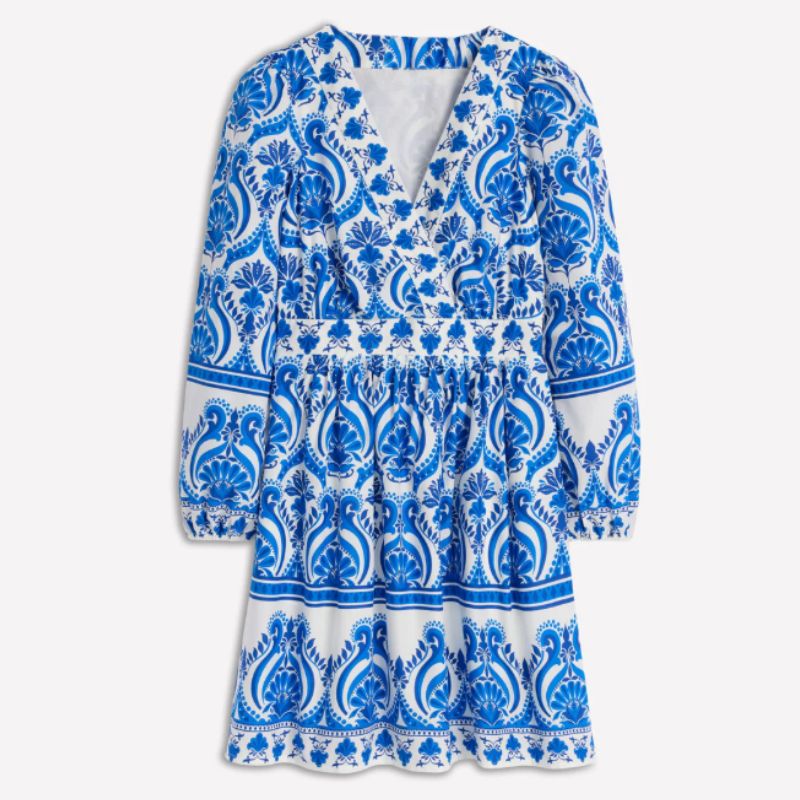 blue and white print short dress