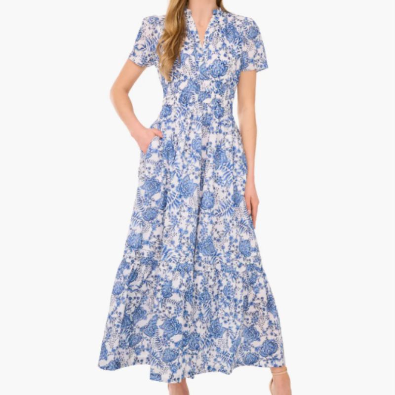 blue and white printed dress