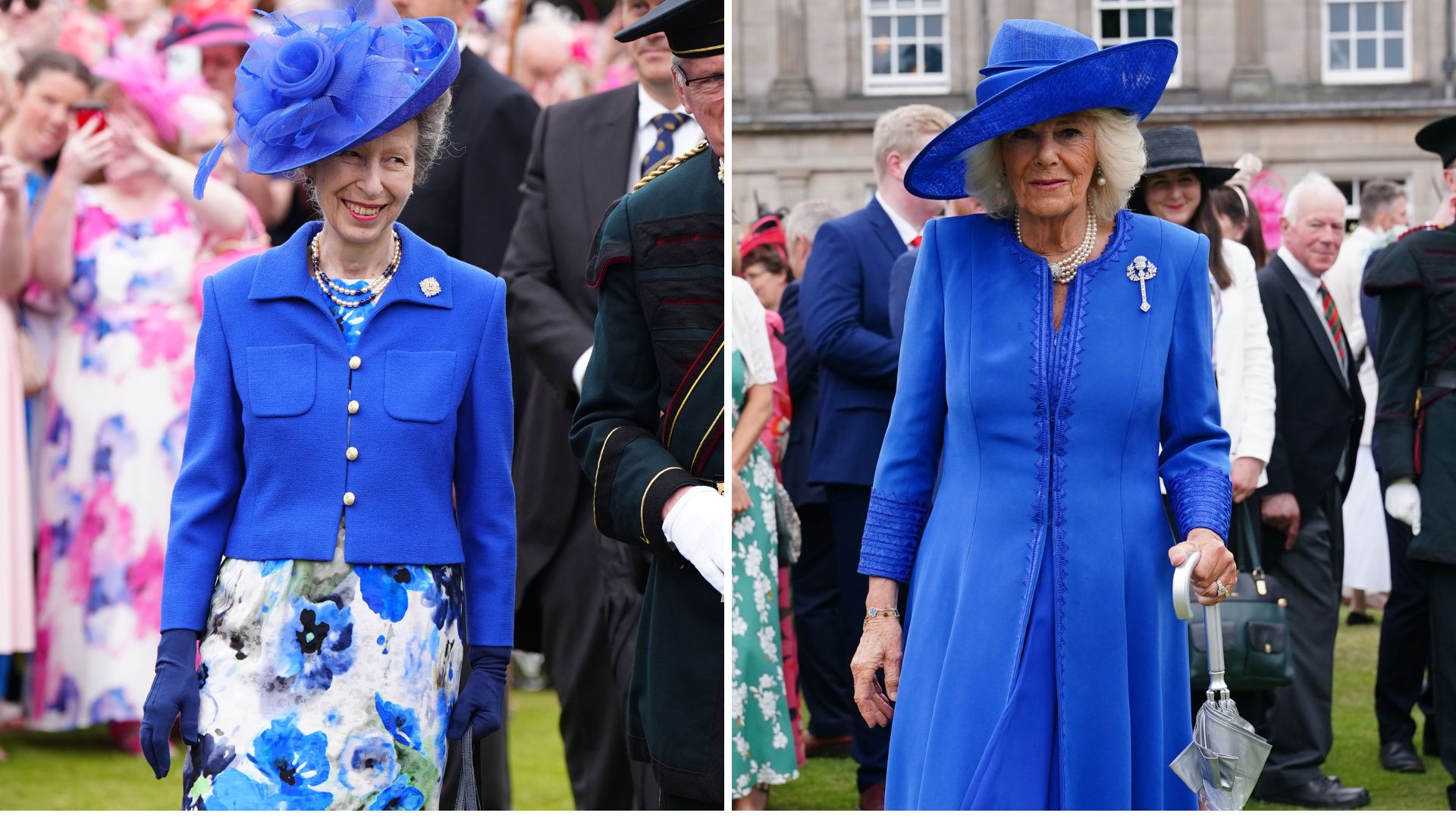 Composite of a picture of Princess Anne and a picture of Queen Camilla, both wearing royal blue at a Garden Party