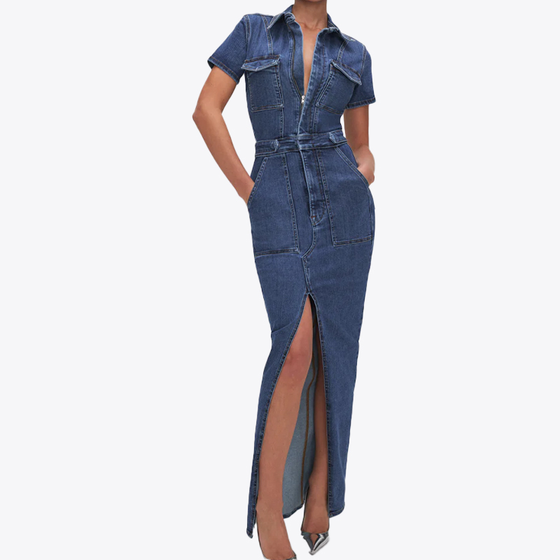 Good American fitted denim maxi dress