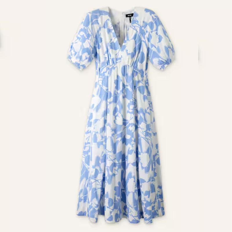 blue and white printed empire line dress