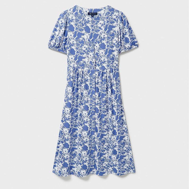 blue and white print floral dress