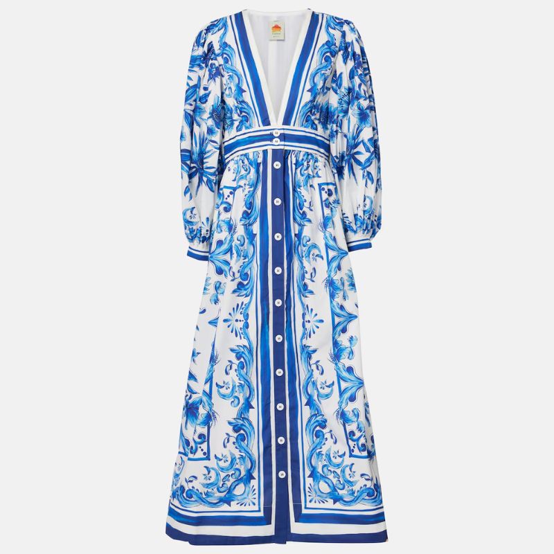 blue and white print maxi dress