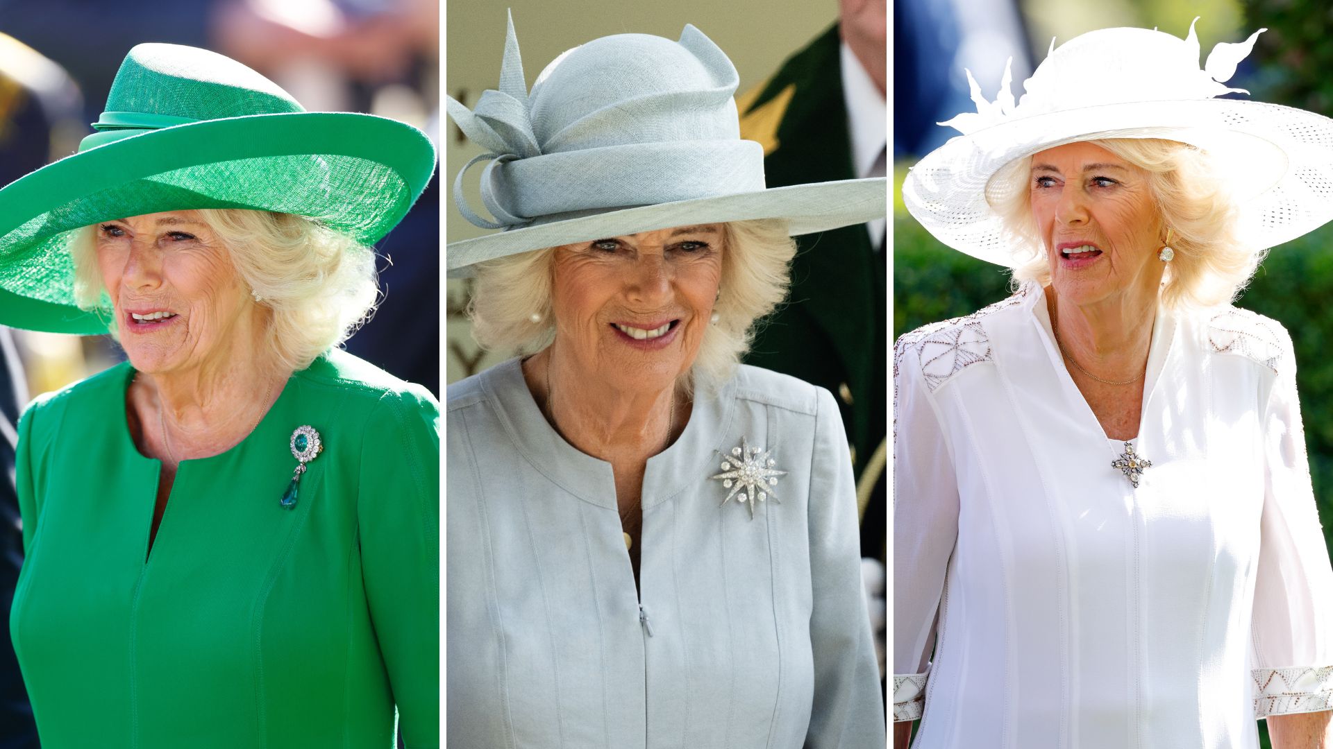 Three photos of Queen Camilla attending three days of Royal Ascot 2025