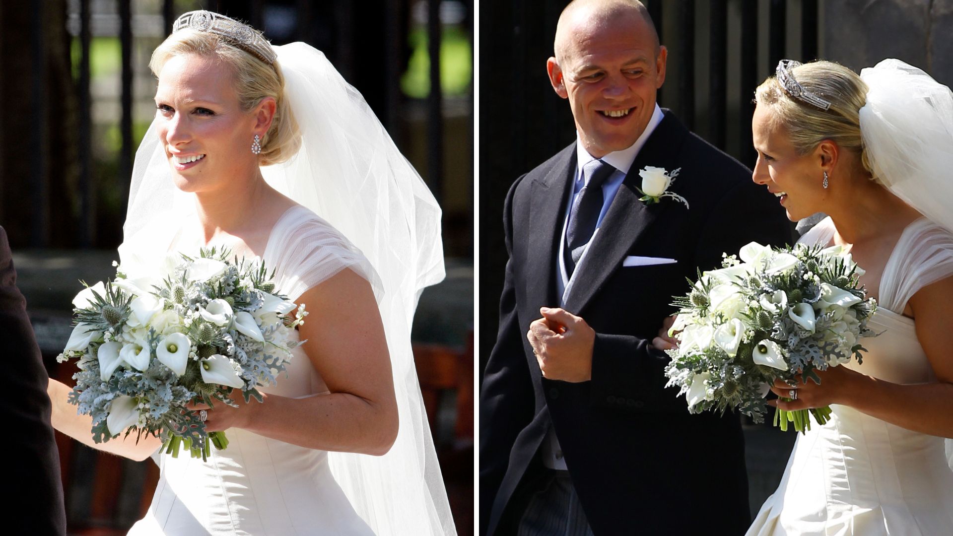 L-Zara Tindall in her wedding dress, R-Mike and Zara Tindall on their wedding day