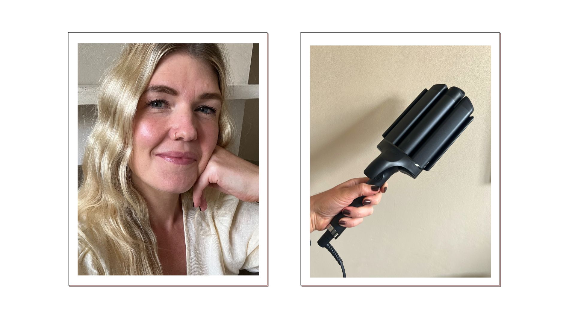 an image of beauty editor, Fiona McKim, with long wavy blonde hair, beside an image of a hand with dark nails holding the ghd wave hair waving tool against a beige backdrop
