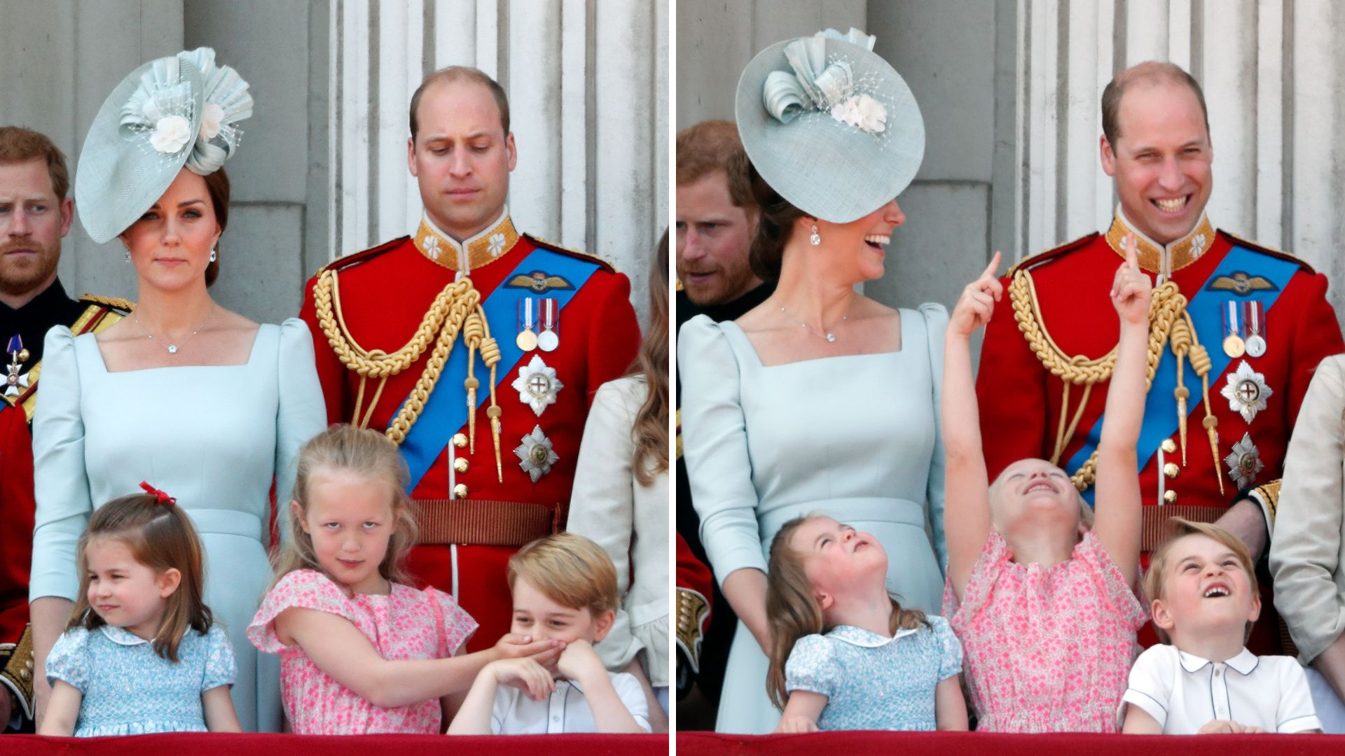 Two photos of Kate Middleton and Prince William laughing with children including Prince George and Savannah Phillips at Trooping the Colour