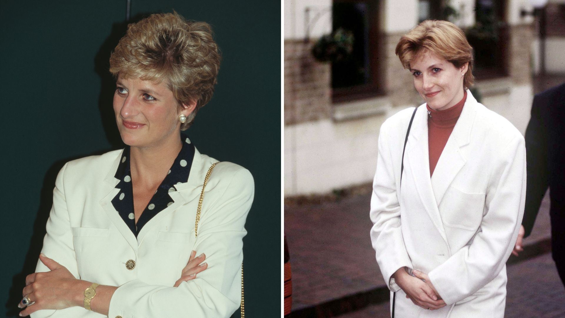 L-Princess Diana wears a white suit jacket in 1993, R-Duchess Sophie wearing a white jacket in 1993