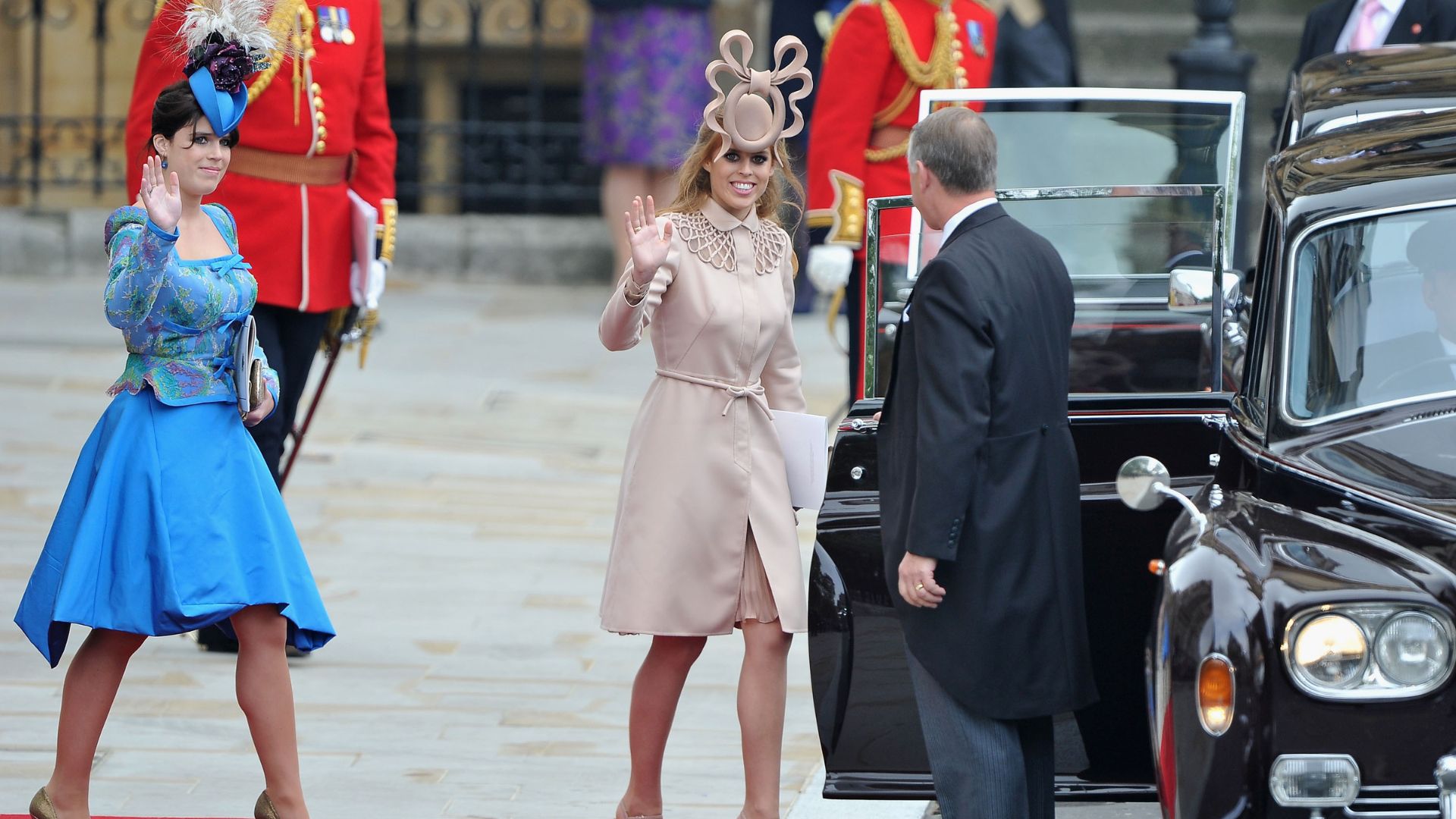 Princess Eugenie and Princess Beatrice make their way to Prince William and Kate Middleton's wedding in 2011